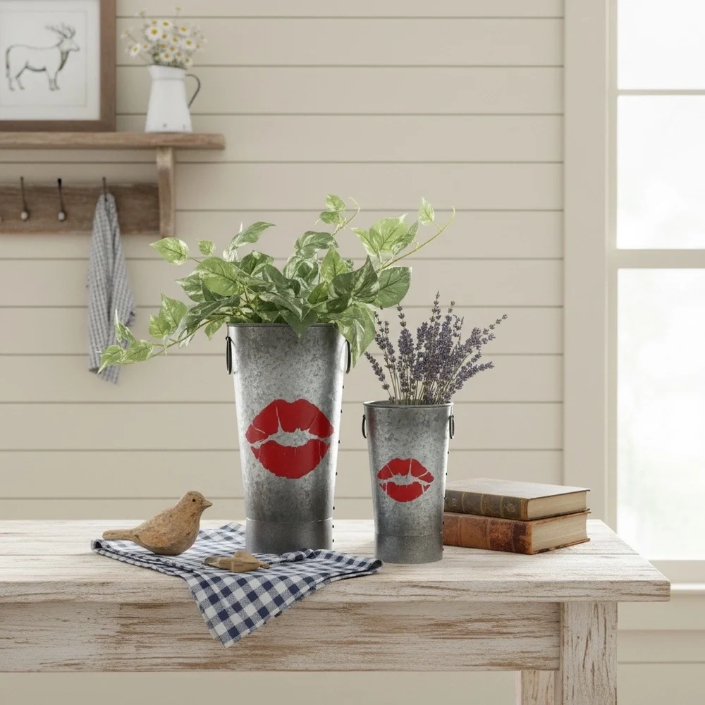 Galvanized Metal Buckets with Red Lips Design